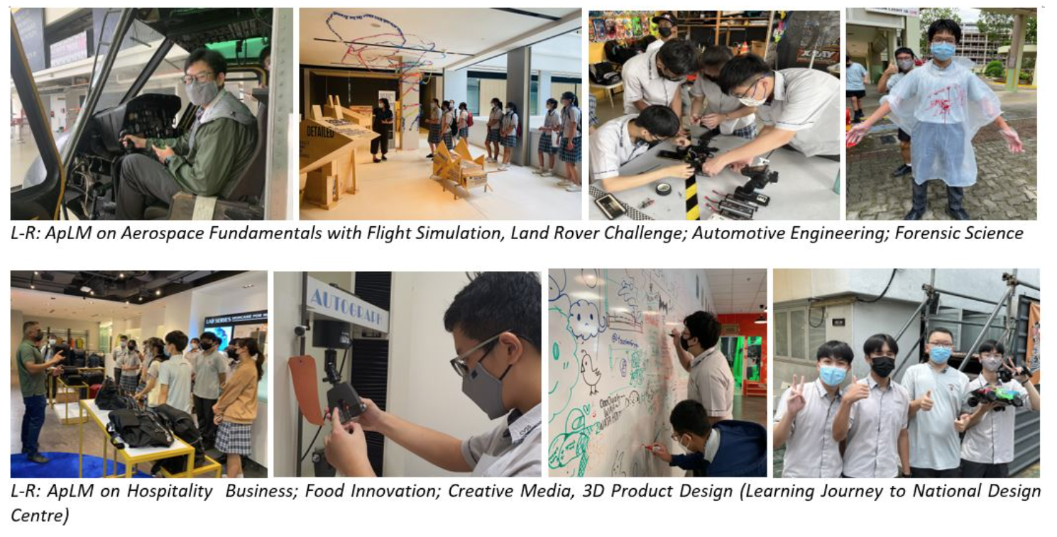 Eight photos of masked students doing hands-on activities in aerospace, automotive, forensic science, hospitality, and design programs.